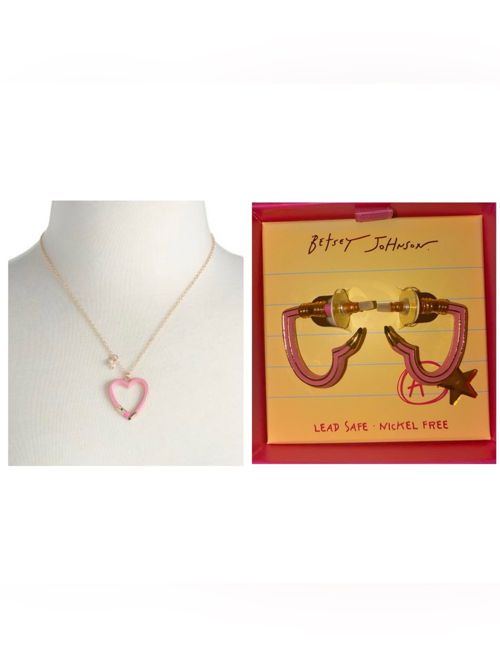 BETSEY JOHNSON SET Back to School Pink Heart Pencil Necklace & Earrings NEW NWT